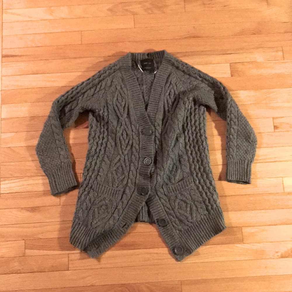 Zara Knit Chunky Cable Knit Cardigan Sweater Grey